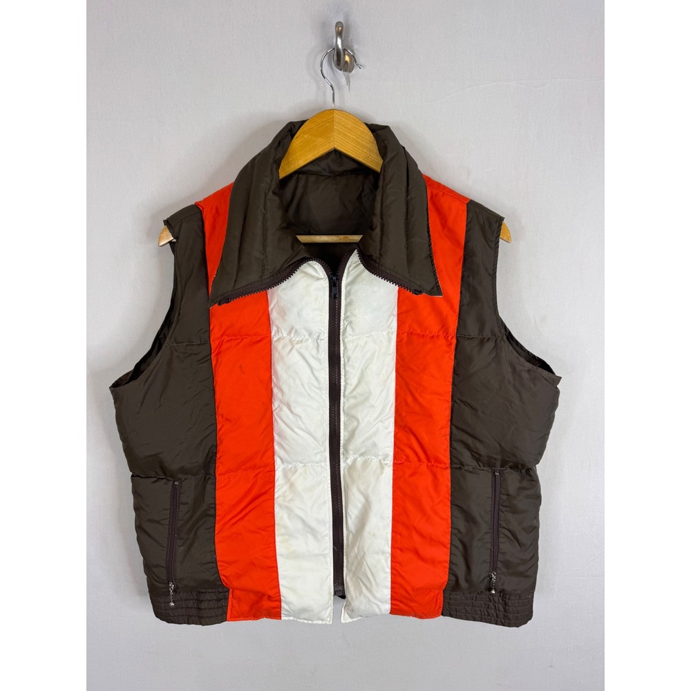 Vintage 70s Colorblock Puffer Down Vest Brown Orange White Zip Up Men L